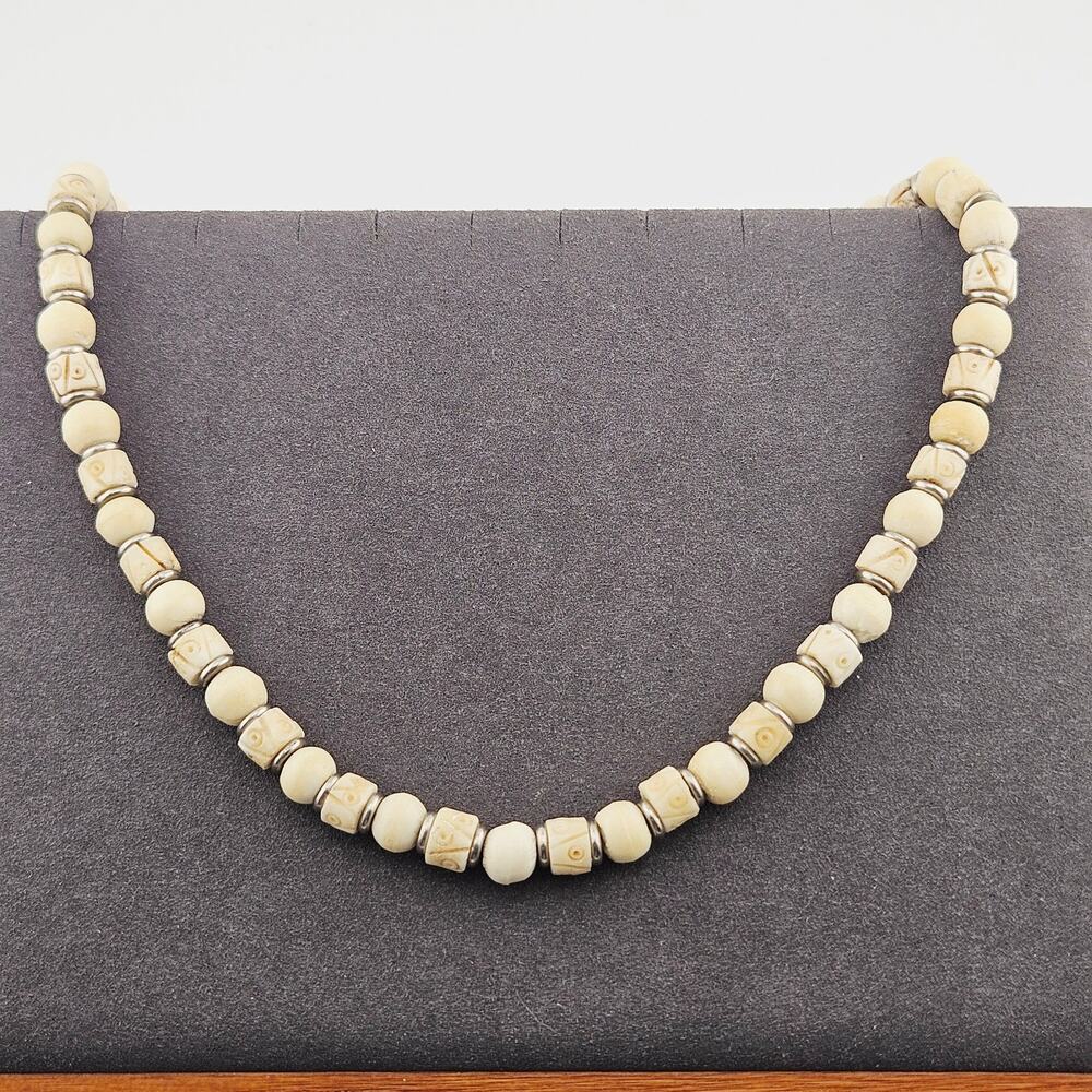 Ivory Colored Carved Beaded Necklace Ivory Beige Bohemian Natural Hippie 21"